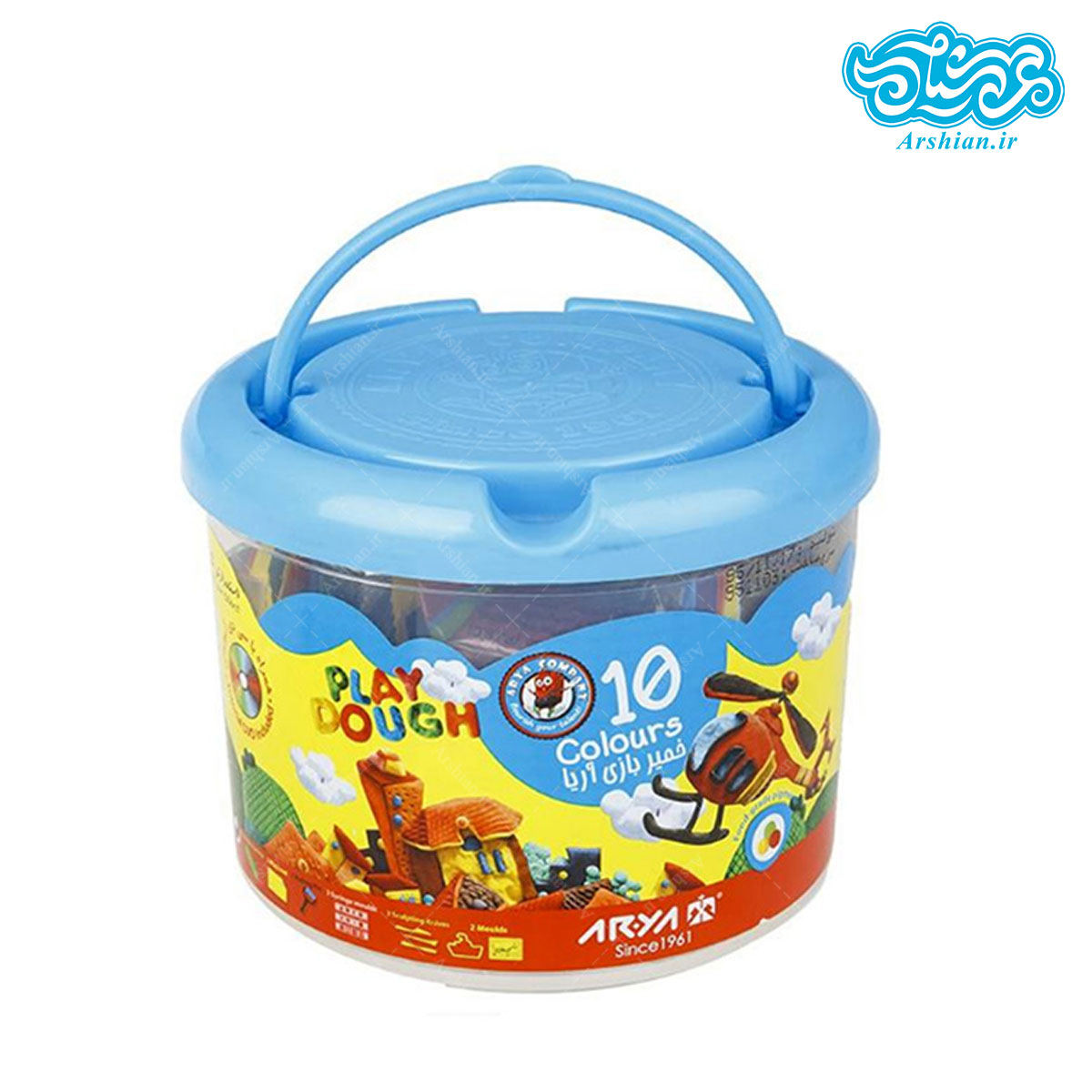 خمیر بازی سطلی ۱۰ رنگ آریا، شامل ۱۰ رنگ خمیر ۲۲ گرمی، ۳ عدد ابزار پلاستیکی، ۲ عدد قالب، ۳ عدد شابلون، وردنه کوچک، ۳ عدد شابلون، سفره، ۱ حلقه CD آموزشی خلاقیت با محصولات آریا، ۱ عدد قیف فشاری جهت فرم‌ دهی خمیر توسط سه شابلون با ۱۲ طرح مختلف می باشد. این خمیر بازی با هدف افزایش میزان خلاقیت کودکان طراحی شده و حتی در محیط باز هم خشک نمی شود.