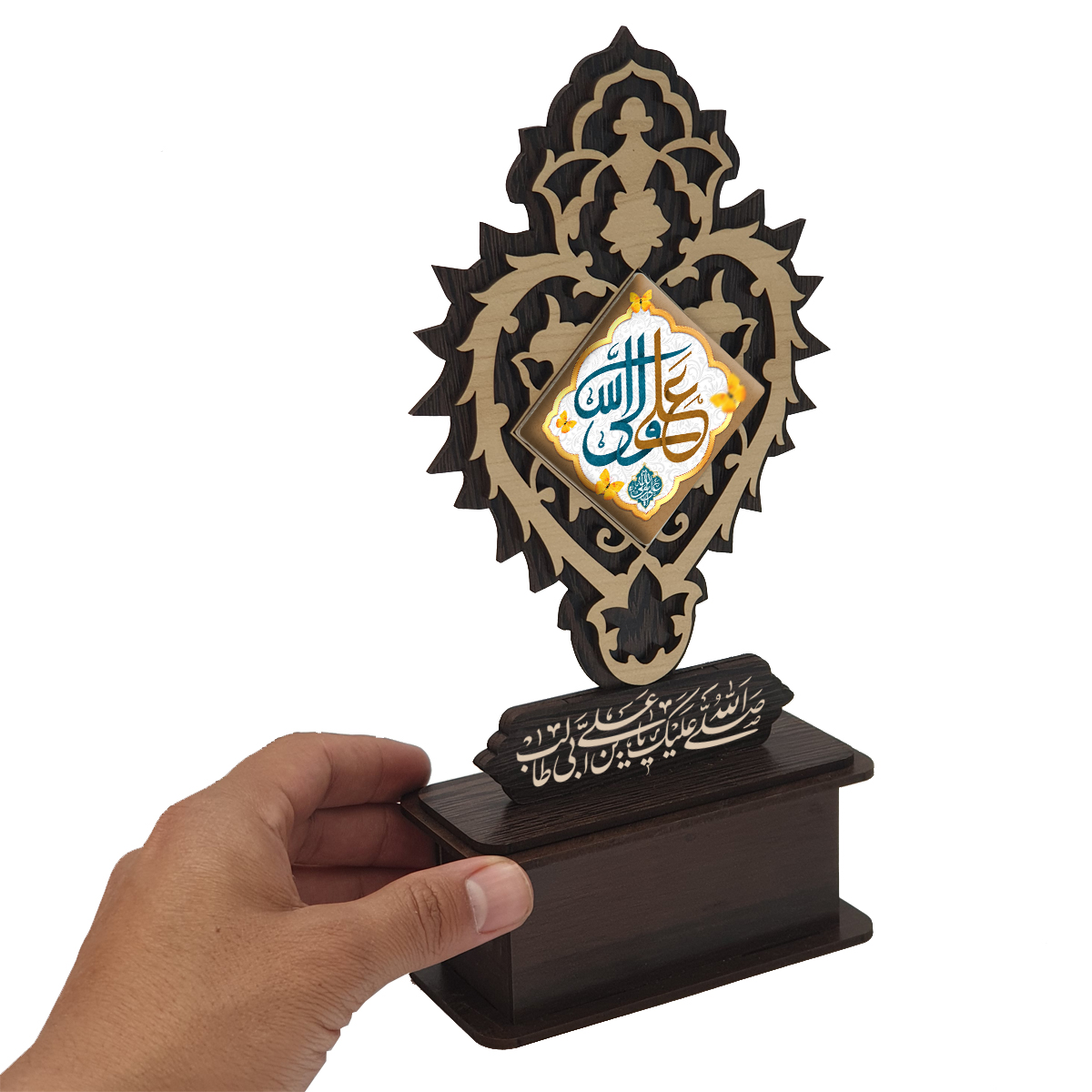 تندیس کاشی با طرح علی ولی الله با قاب چوبی کد tal130