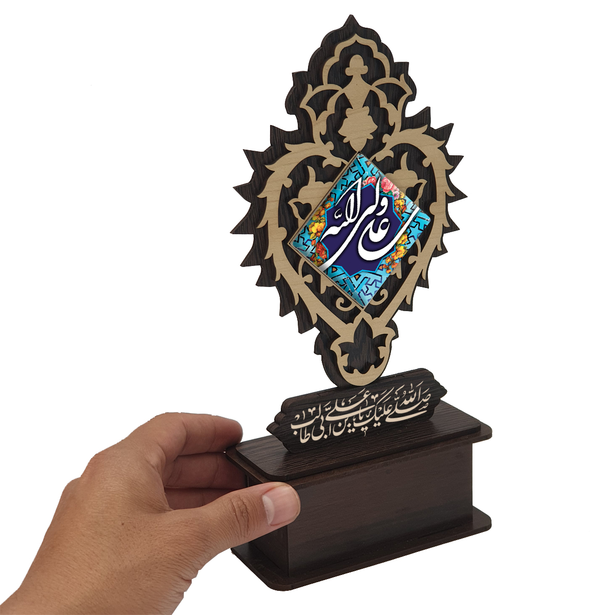 تندیس کاشی با طرح علی ولی الله با قاب چوبی کد tal131