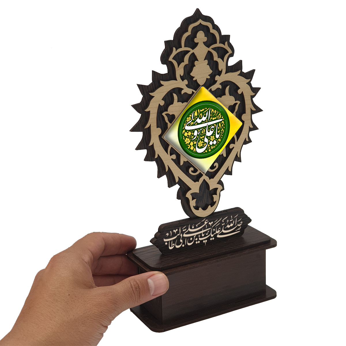تندیس کاشی با طرح علی ولی الله با قاب چوبی کد tal134