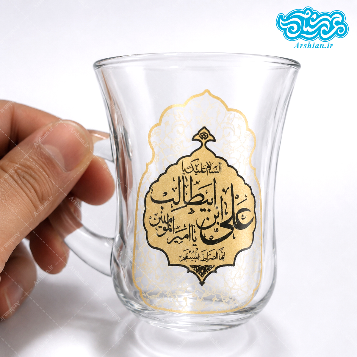 نیم لیوان دسته دار گلجام باطرح یاعلی بن ابیطالب (بسته 6 عددی)