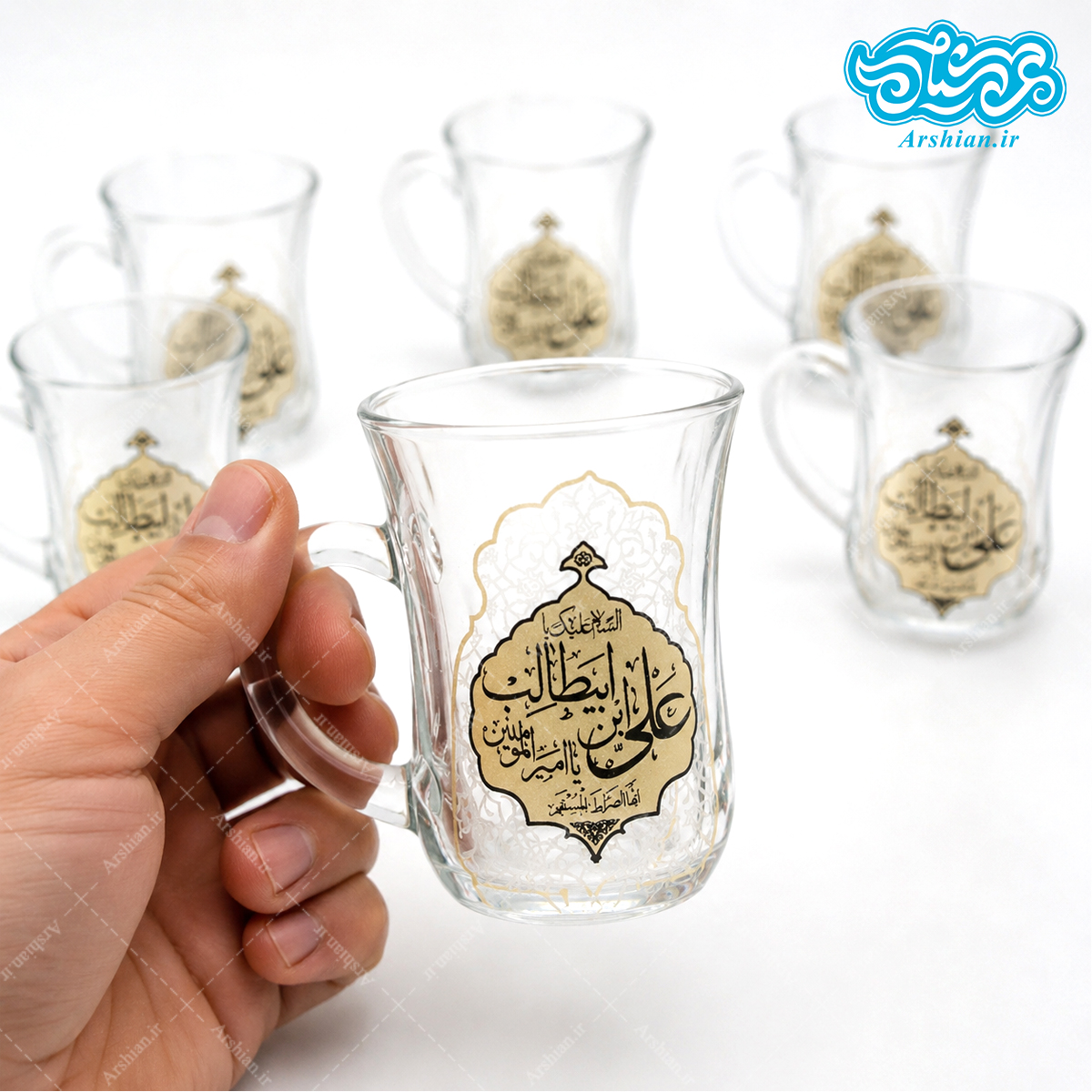 نیم لیوان دسته دار گلجام باطرح یاعلی بن ابیطالب (بسته 6 عددی)