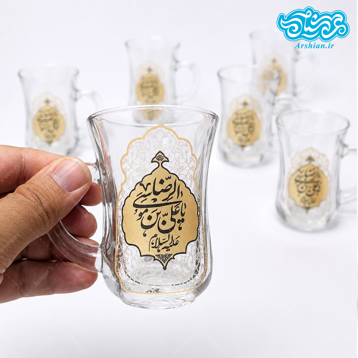 نیم لیوان دسته دار کمر باریک گلجام باطرح یاعلی بن موسی الرضا (بسته 6 عددی)