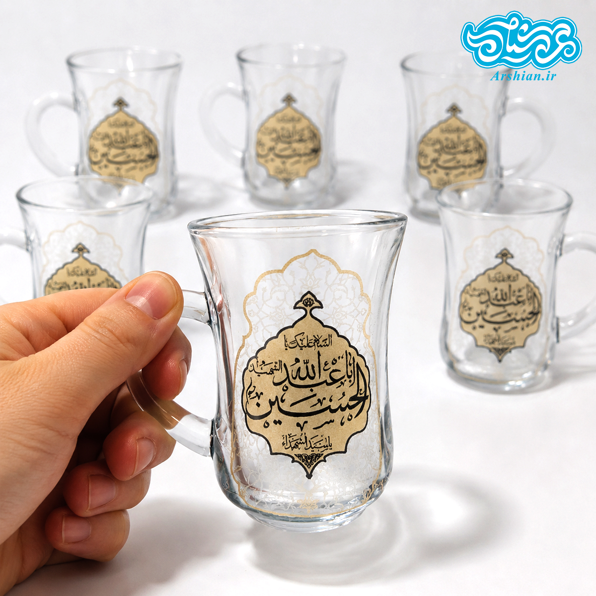 نیم لیوان دسته دار کمر باریک گلجام باطرح یا اباعبدالله الحسین (بسته 6 عددی)